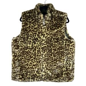Guess Faux Fur Leopard Print Zip Up Vest‎ Y2K Reversable Sleeveless Jacket Coat